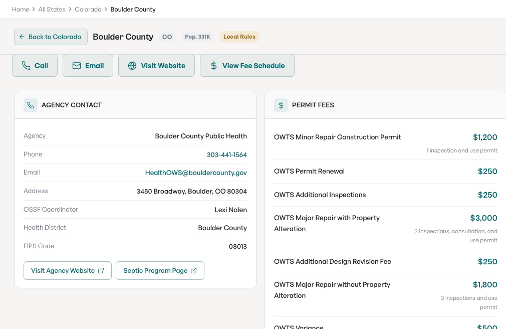Actual SepticPro Boulder County data screenshot showing agency contact information and OWTS permit fee rows