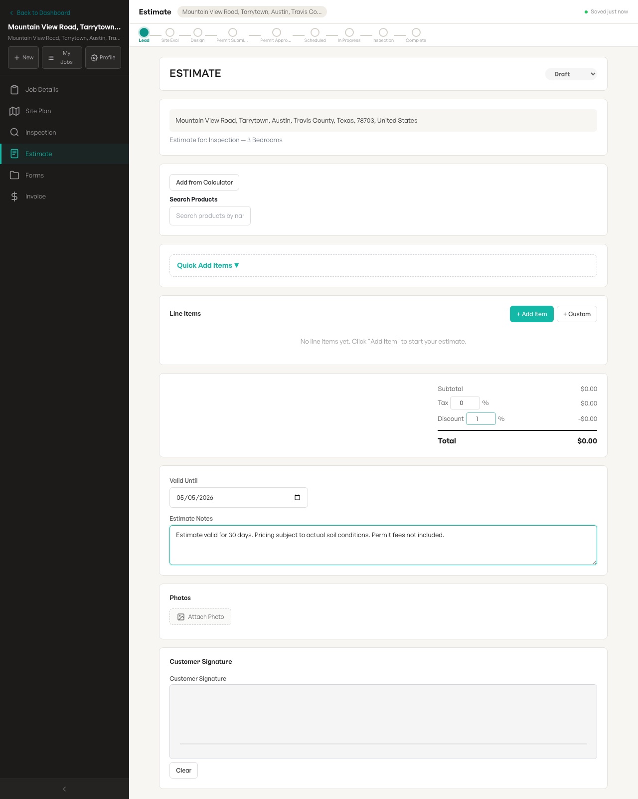 Actual SepticPro estimate screen showing line item controls, totals, notes, photos, and signature area