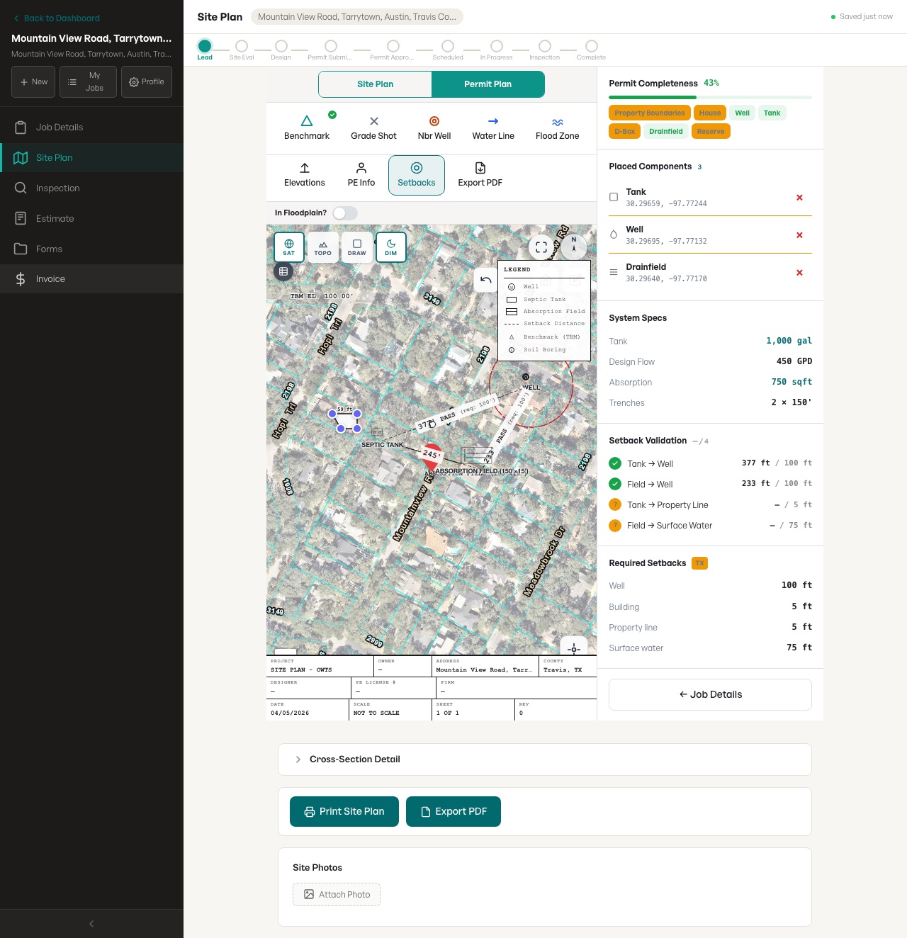Actual SepticPro site plan builder screenshot with parcel imagery, septic components, and setback validation
